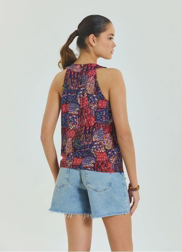 Halter Neck Button Detail Pleated Red Ethnic Blouse 4678